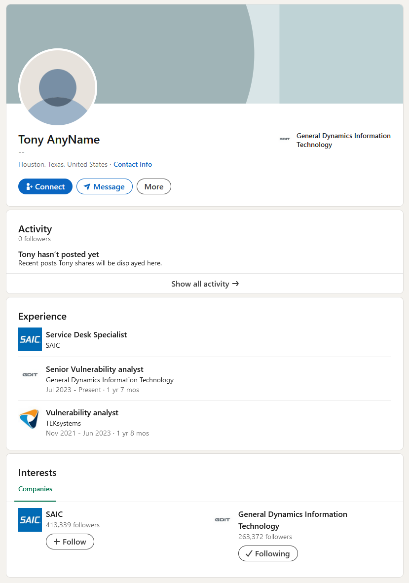 An incomplete LinkedIn profile with several items missing or improperly filled in